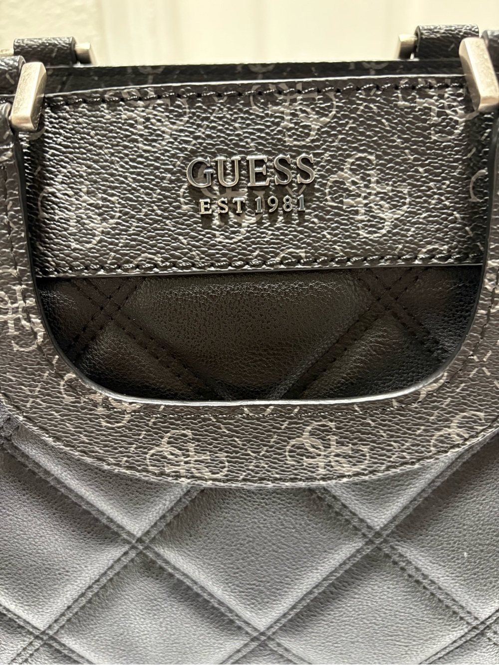 Guess Katey Luxury Satchel Bag Black Quilted Monogram Crossbody Purse